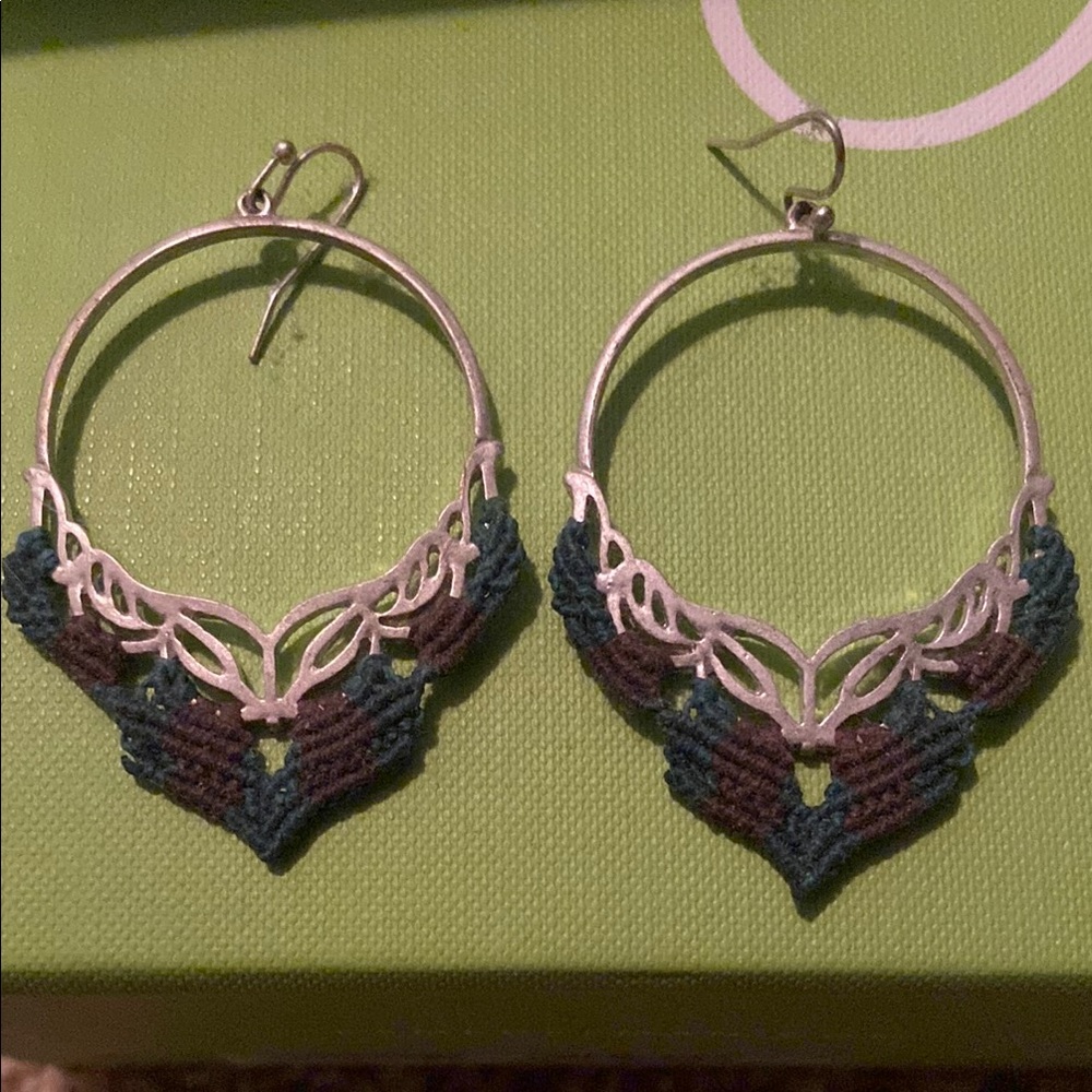 Handmade Macrame Silver and Green Hoop Earrings